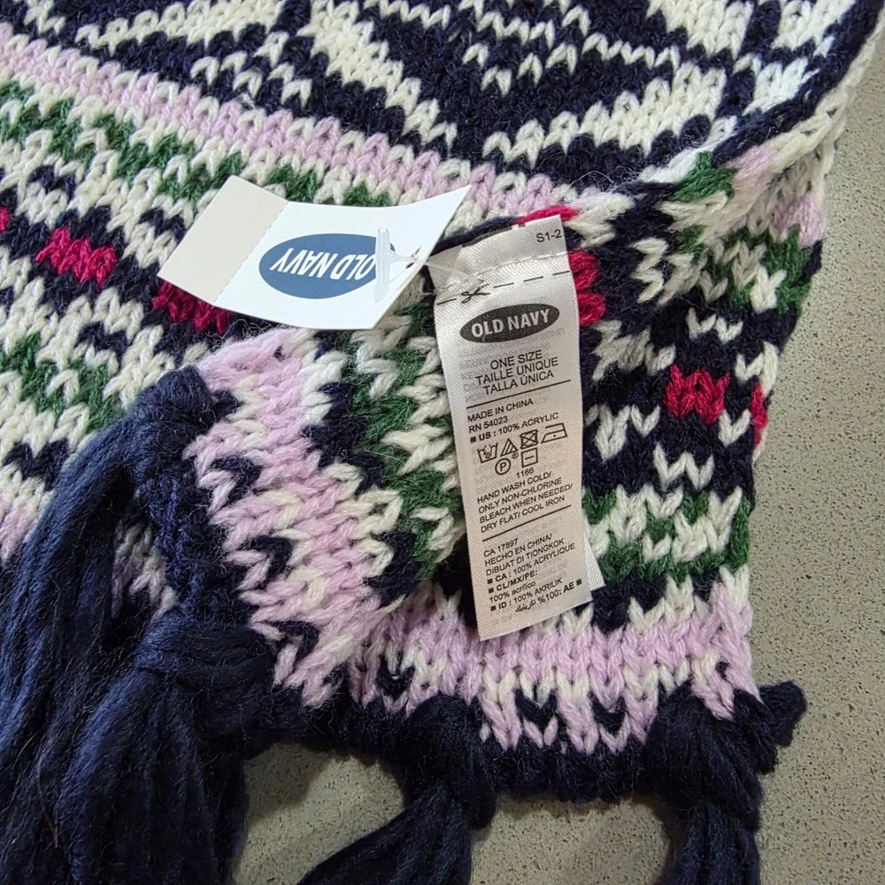 Old Navy Fair Isle Knit Scarf Multi-Color Tassel Fringe Snowflake Navy Pink